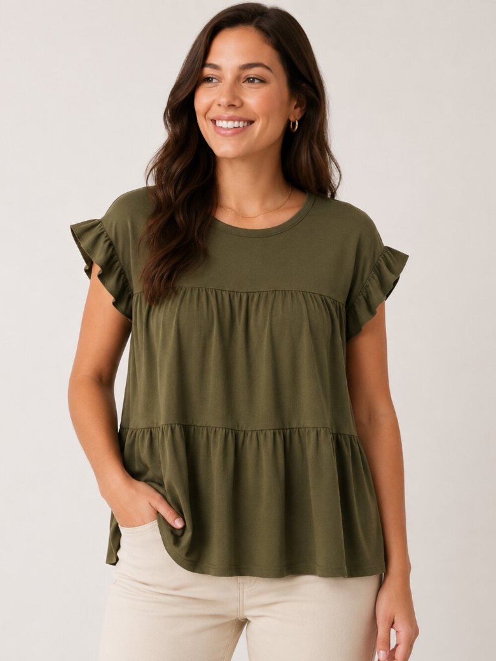 Jollycode Olive Green Ruffle Sleeve Babydoll Top Size S Tiered Peplum Flutter Sl